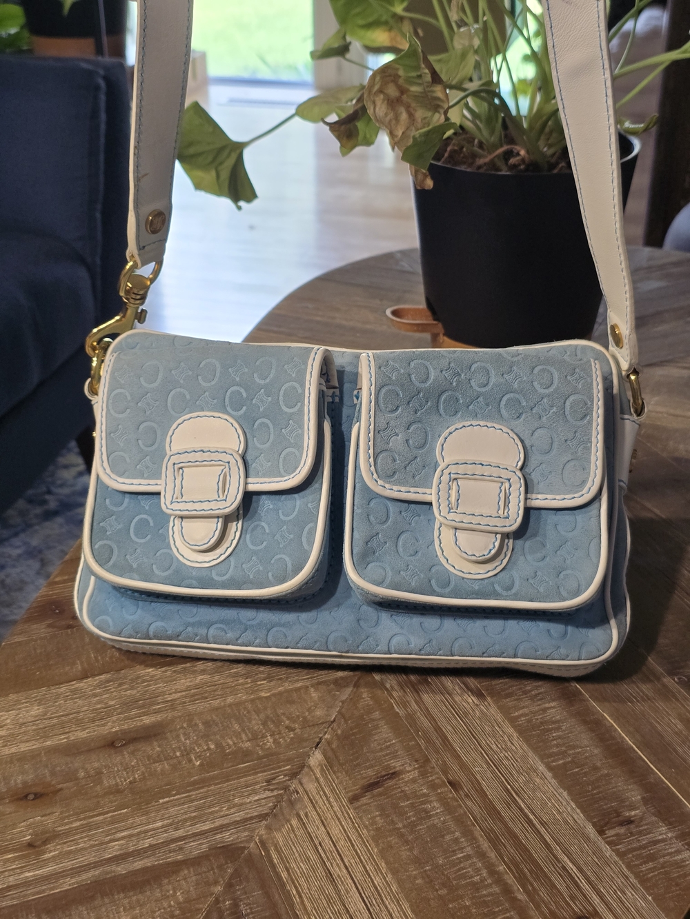 Vintage Celine C Macadam Suede Double Pocket Bag - Blue/White Monogram
